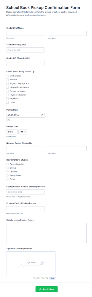 School Book Pickup Confirmation Form Template