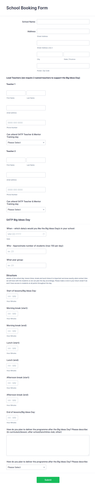 School Booking Form Template