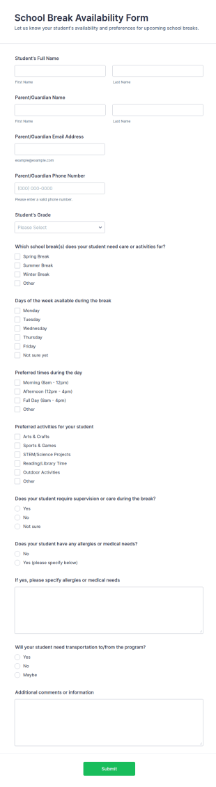 School Break Availability Form Template