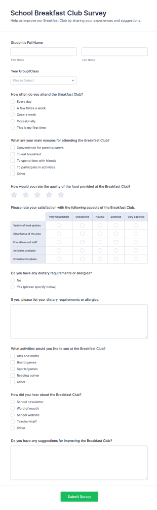 School Breakfast Club Survey Form Template
