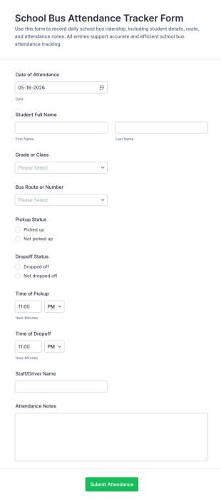 School Bus Attendance Tracker Form Template