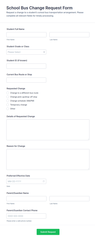 School Bus Change Request Form Template