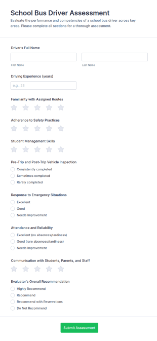 School Bus Driver Assessment Form Template