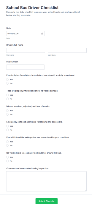 School Bus Driver Checklist Form Template