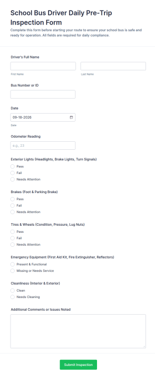 School Bus Driver Daily Pre Trip Inspection Form Template