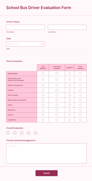 School Bus Driver Evaluation Form Template