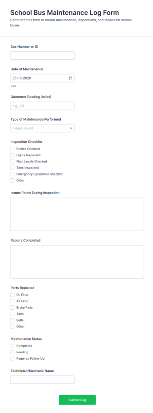 School Bus Maintenance Log Form Template