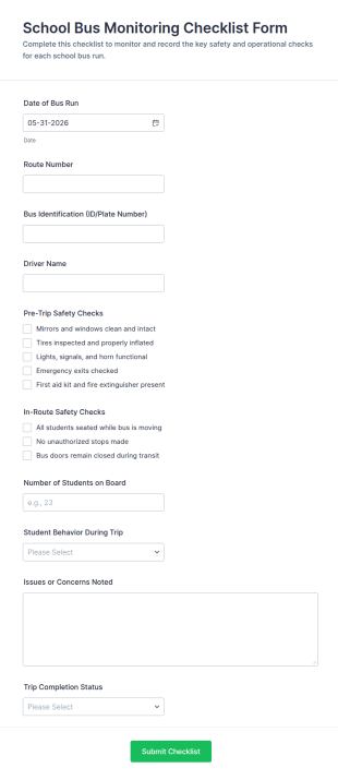 School Bus Monitoring Checklist Form Template