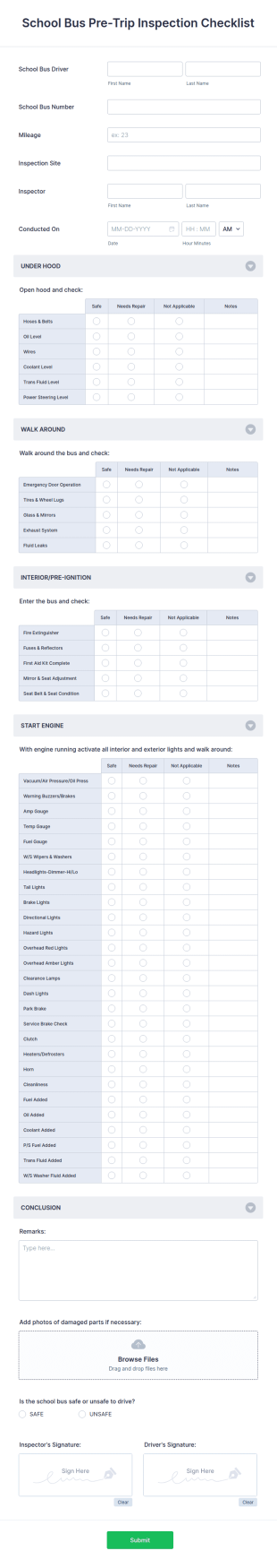 School Bus Pre Trip Inspection Checklist Form Template