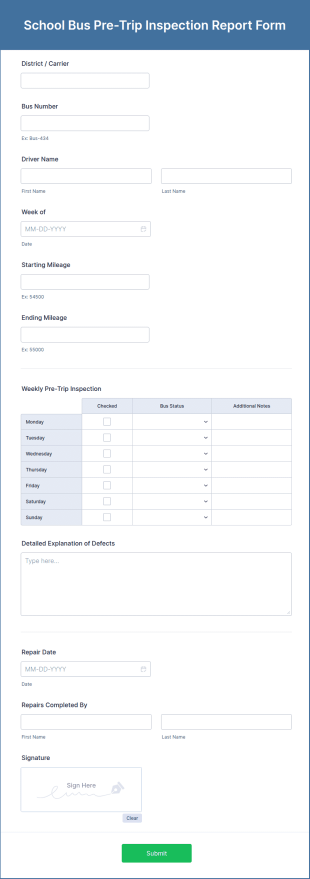 School Bus Pre Trip Inspection Report Form Template