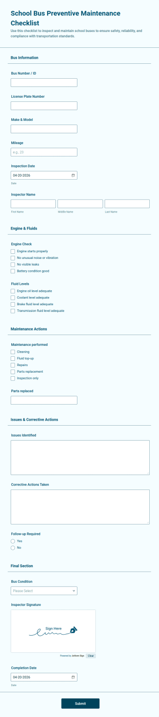 School Bus Preventive Maintenance Checklist Form Template