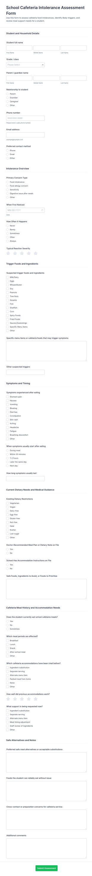 School Cafeteria Intolerance Assessment Form Template