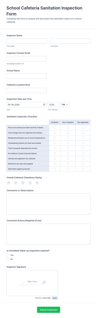 School Cafeteria Sanitation Inspection Form Template