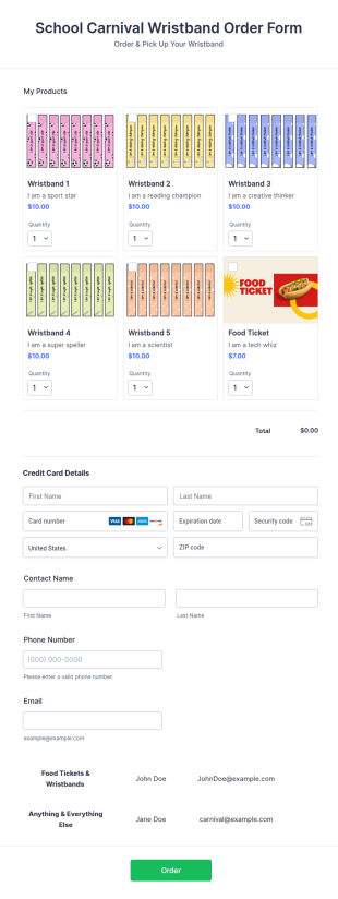 School Carnival Wristband Order Form Template