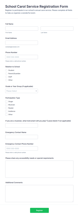School Carol Service Registration Form Template