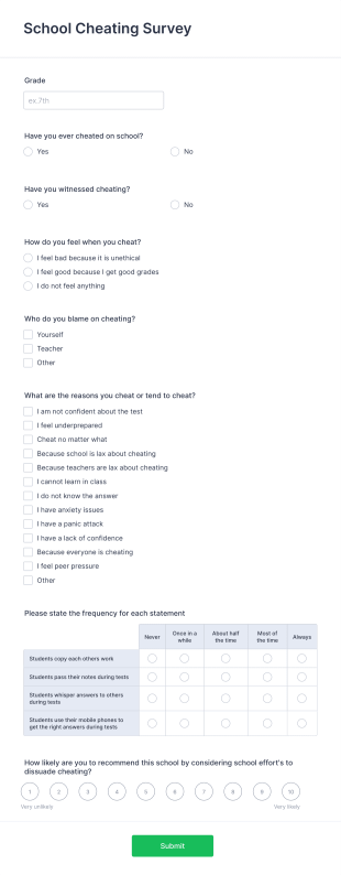 School Cheating Survey Form Template