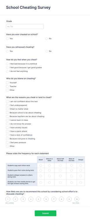 School Cheating Survey Form Template