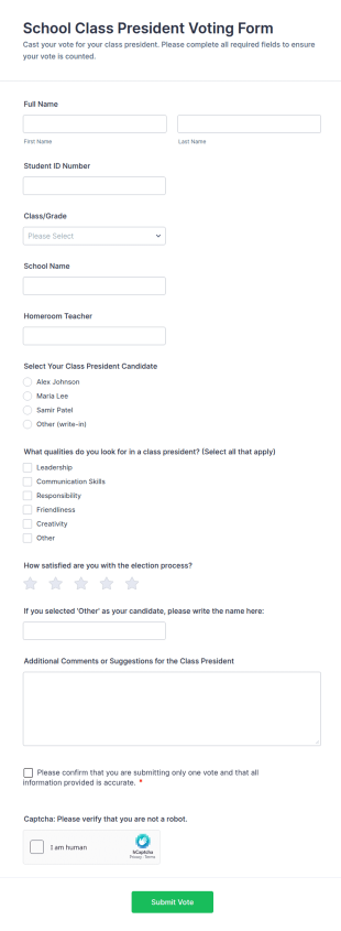 School Class President Voting Form Template