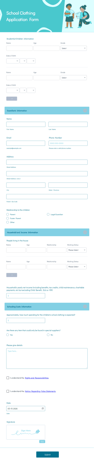 School Clothing Application Form Template