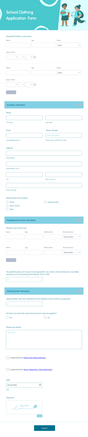 School Clothing Application Form Template
