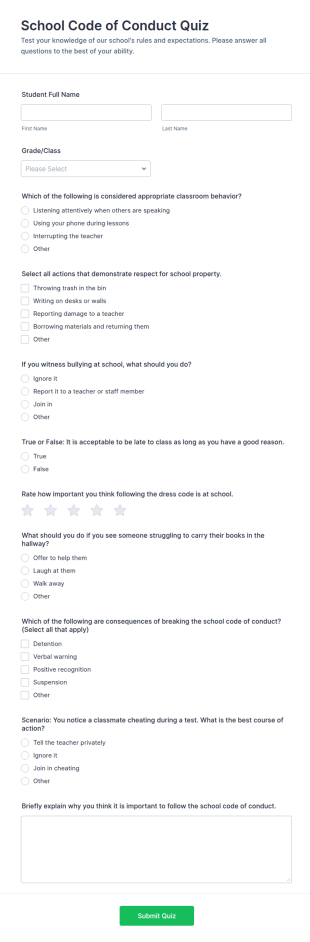 School Code Of Conduct Quiz Form Template