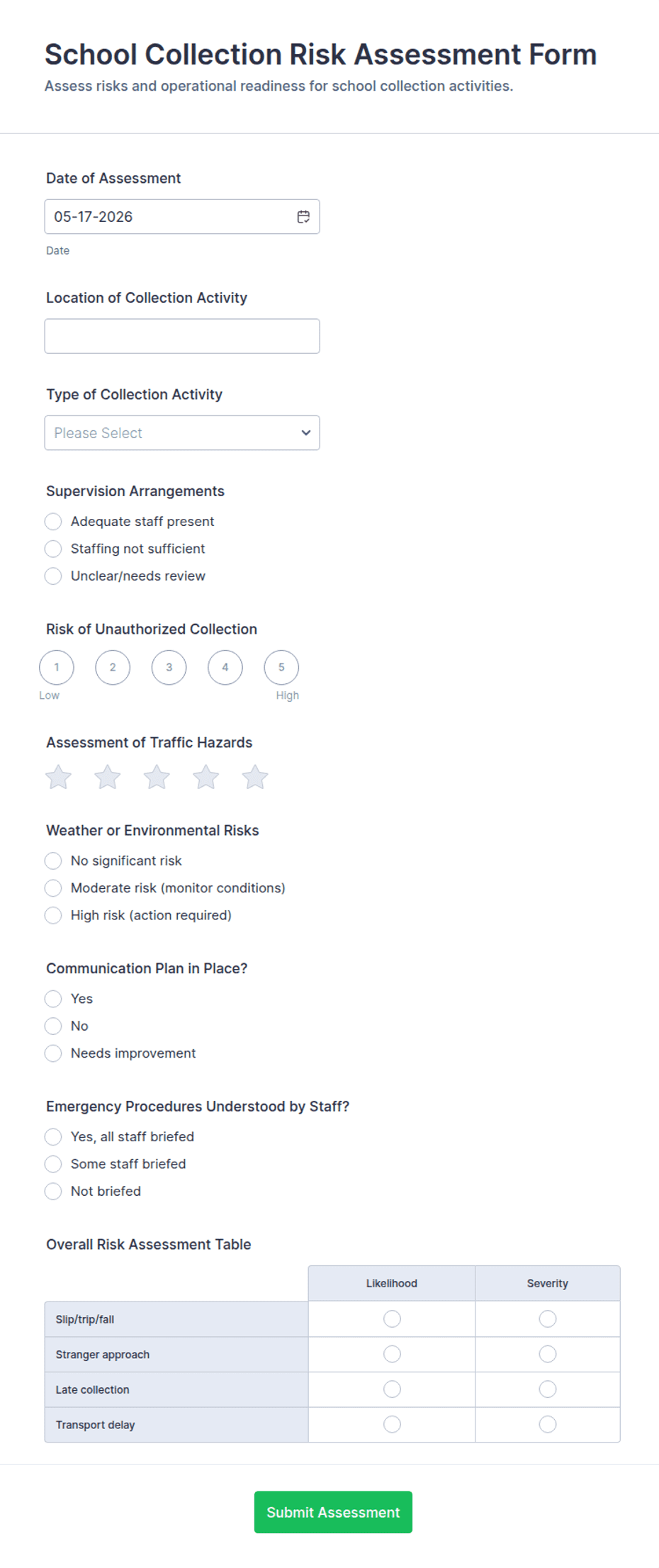 School Collection Risk Assessment Form Template | Jotform
