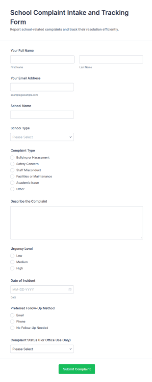 School Complaint Intake And Tracking Form Template
