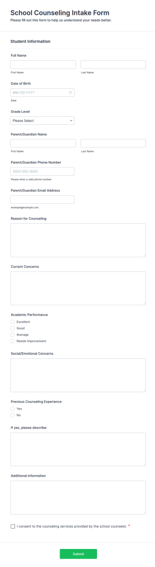 School Counseling Intake Form Template