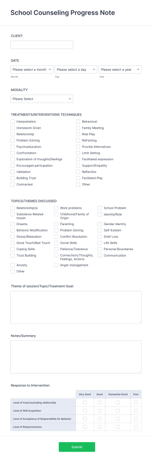 School Counseling Progress Note Form Template