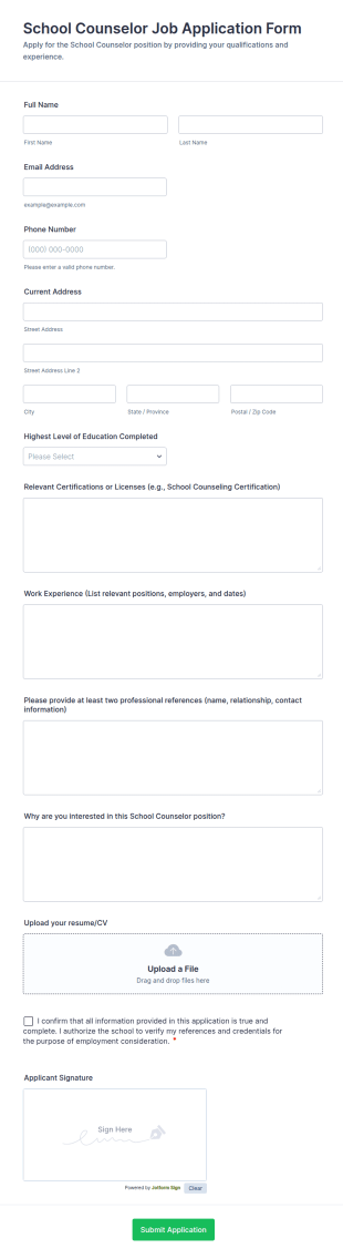 School Counselor Job Application Form Template