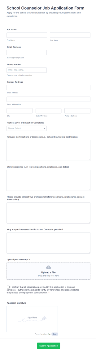 School Counselor Job Application Form Template