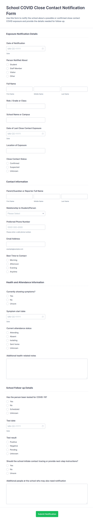 School COVID Close Contact Notification Form Template