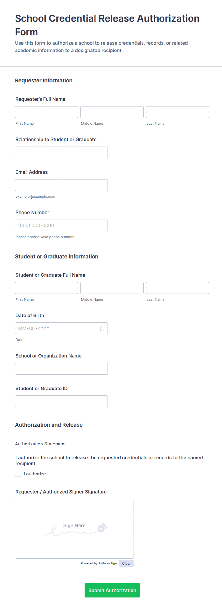 School Credential Release Authorization Form Template | Jotform