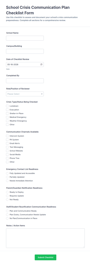 School Crisis Communication Plan Checklist Form Template