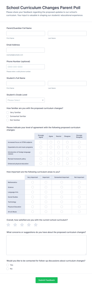 School Curriculum Changes Parent Poll Form Template