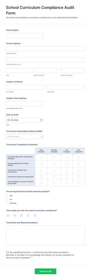 School Curriculum Compliance Audit Form Template