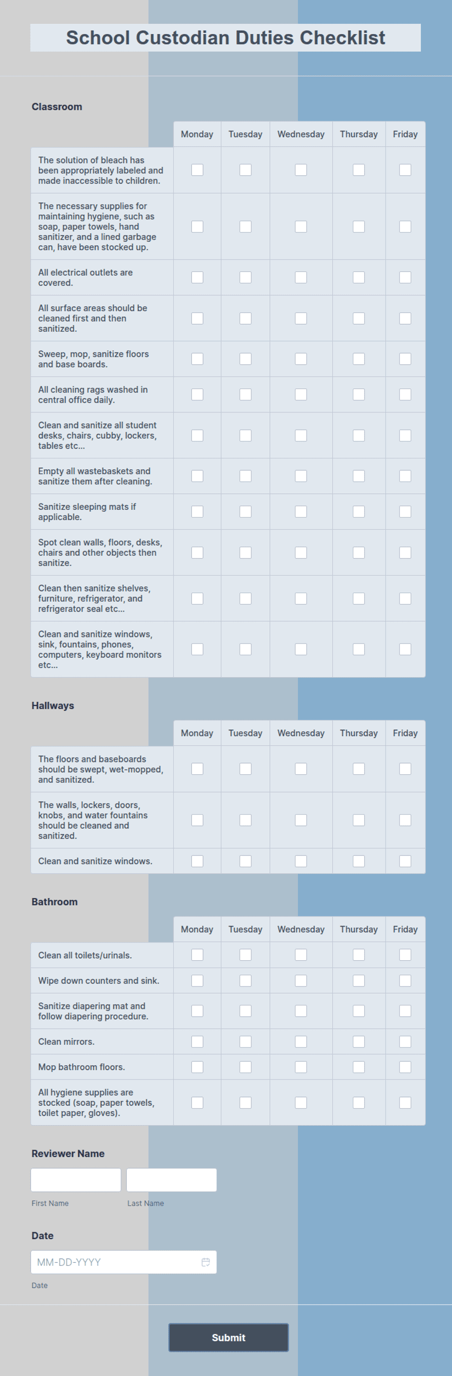 School Custodian Duties Checklist Form Template Jotform