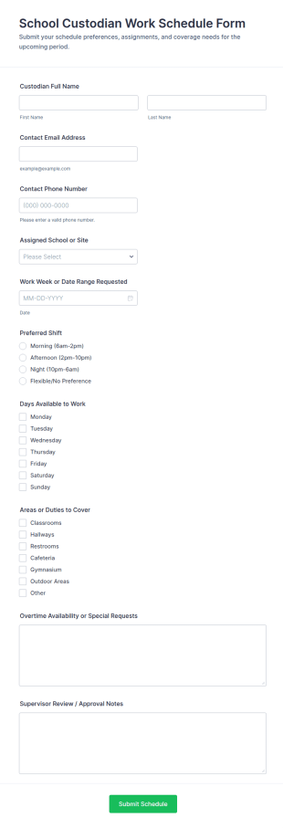 School Custodian Work Schedule Form Template