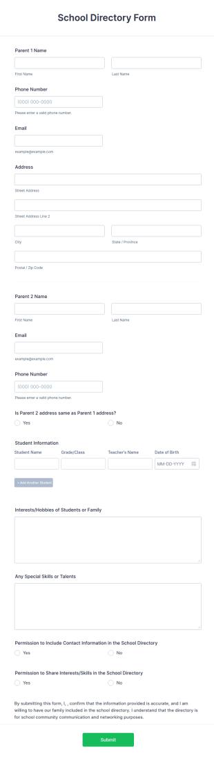 School Directory Form Template