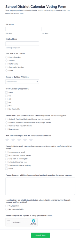 School District Calendar Voting Form Template
