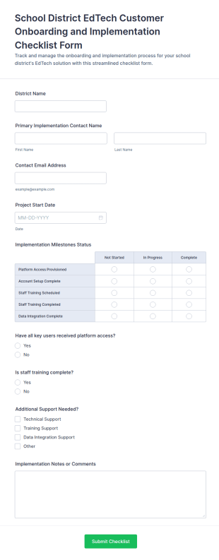 School District EdTech Customer Onboarding And Implementation Checklist Form Template