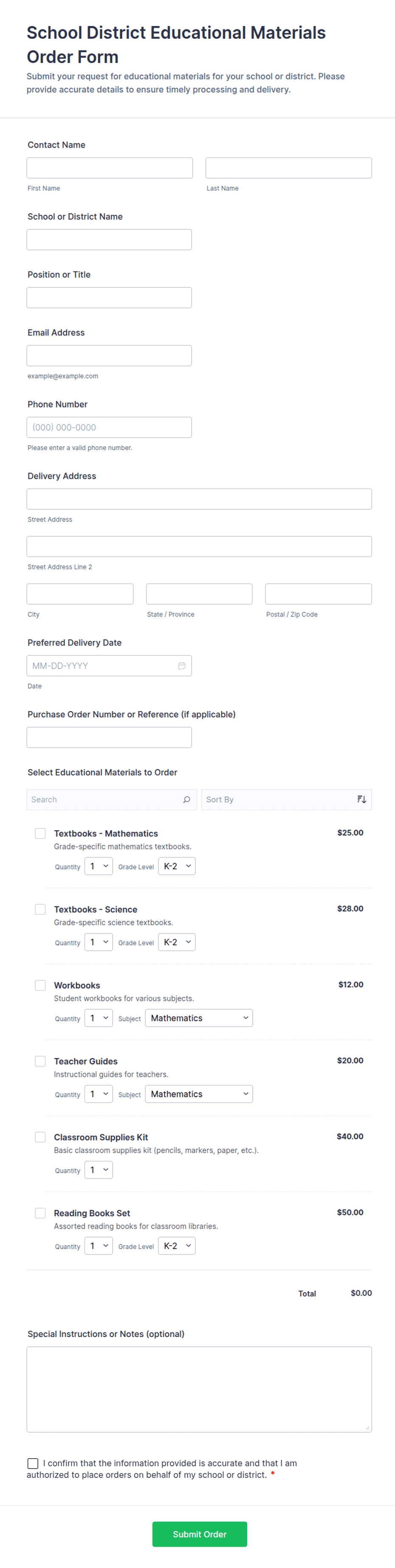 Order Form Ncert School District Educational Materials Order Form Template | Jotform