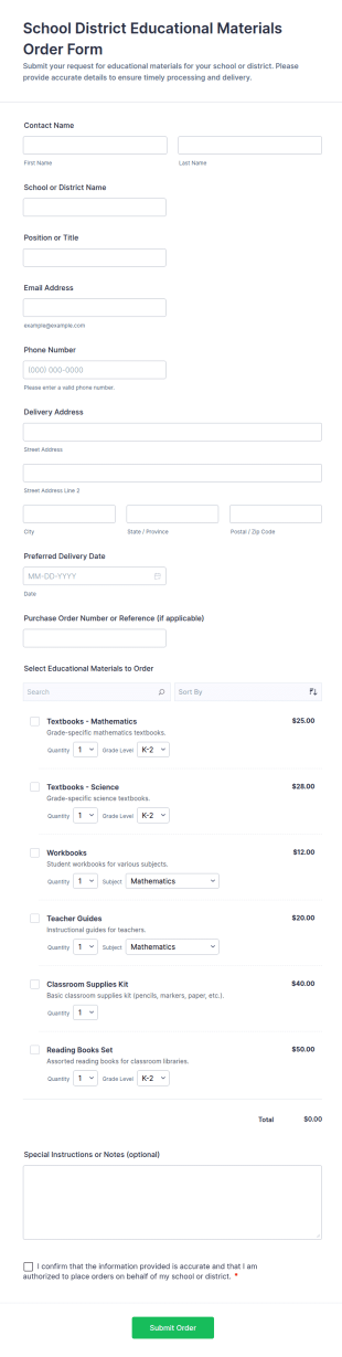 School District Educational Materials Order Form Template