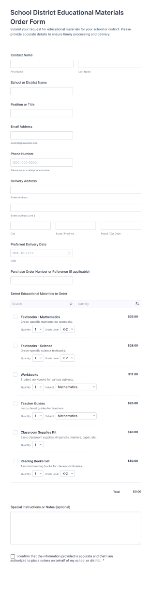 School District Educational Materials Order Form Template