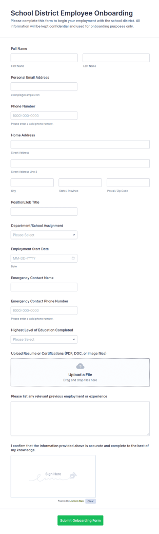 School District Employee Onboarding Form Template