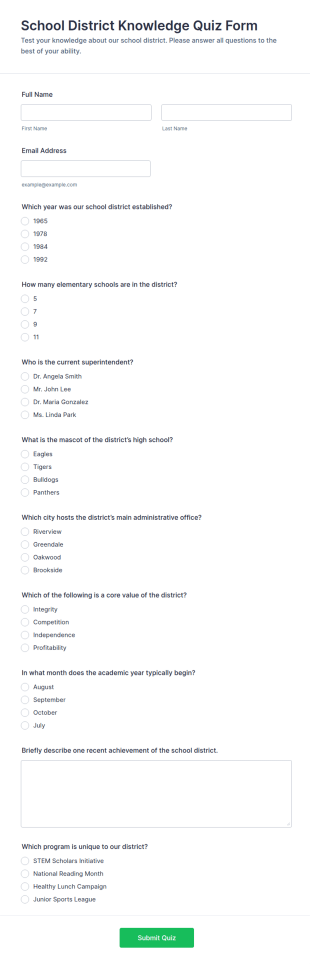 School District Knowledge Quiz Form Template