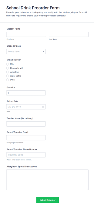 School Drink Preorder Form Template