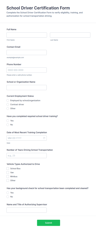 School Driver Certification Form Template