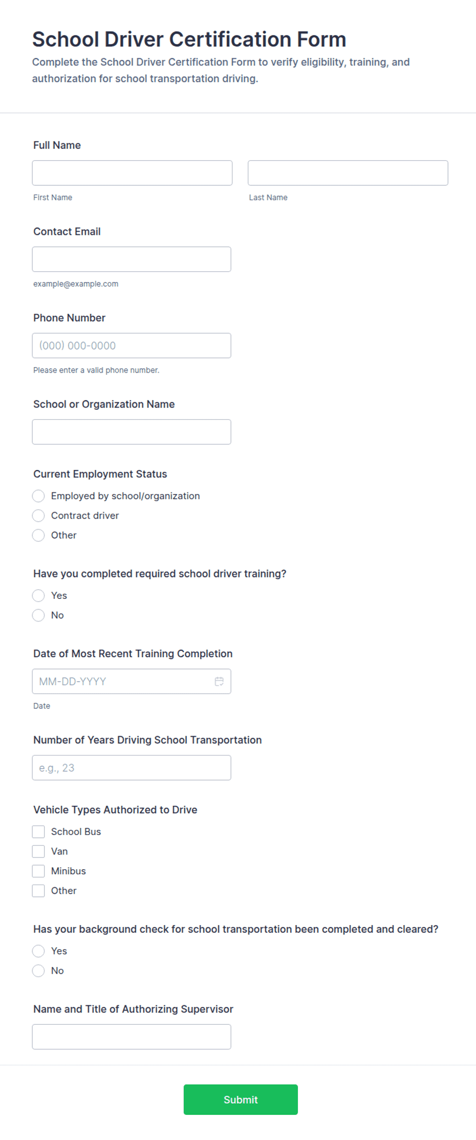 Driver Proficiency Form.pdf School Driver Certification Form Template | Jotform