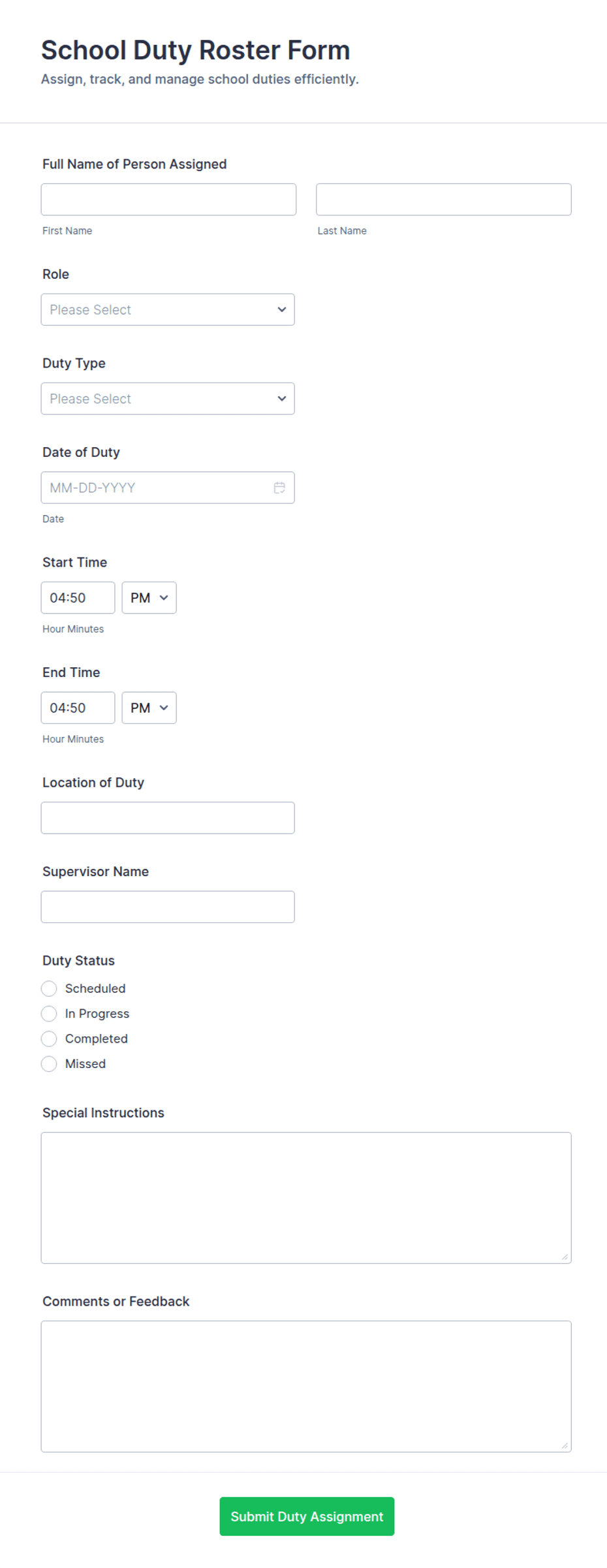 School Duty Roster Form Template | Jotform
